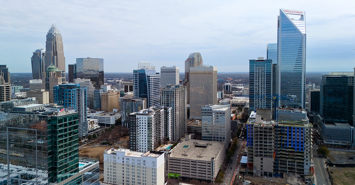 Charlotte North Carolina February 21 2026 aerial view of downtown skyline with Bank of America Corporate Center