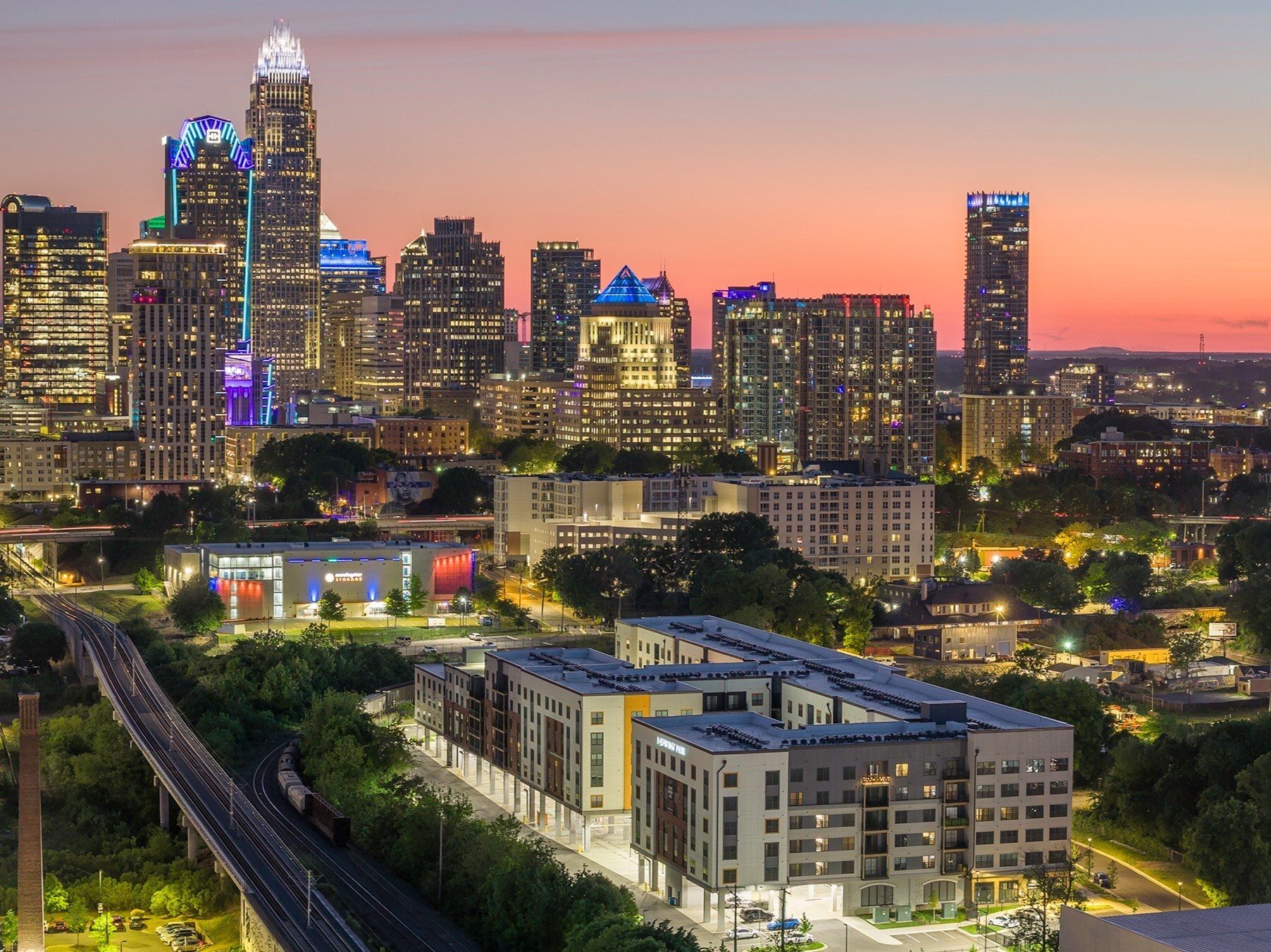 Exterior shot of J Optimist Park, a luxury multifamily property recently completed in Charlotte, N.C.