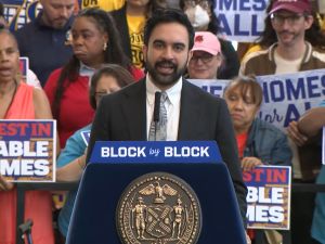 The Tuesday rally where Mayor Mamdani unveiled a 112-page plan dubbed "Block by Block: The Housing Plan for a New Era. The initiative calls for creating and preserving 400,000 units of affordable housing over the next decade.