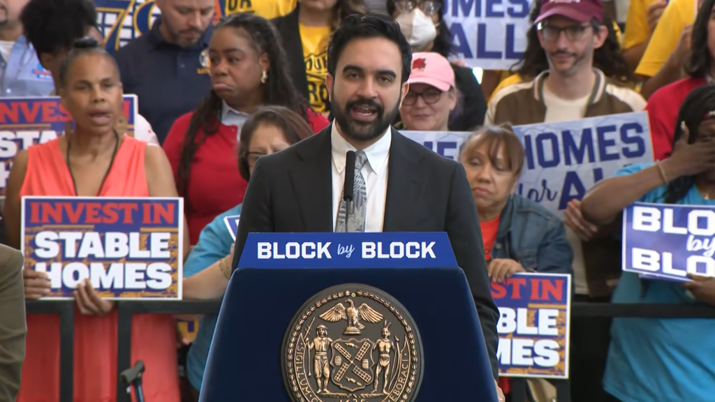 The Tuesday rally where Mayor Mamdani unveiled a 112-page plan dubbed "Block by Block: The Housing Plan for a New Era. The initiative calls for creating and preserving 400,000 units of affordable housing over the next decade.