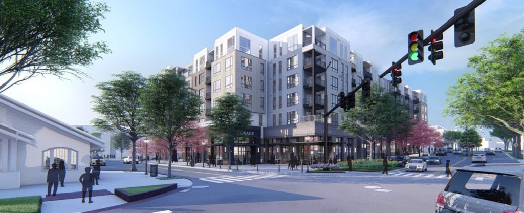 A photo of Markley + Main, a 277-unit apartment community in Greenville, S.C. being developed by Peakline and joint venture partner SunCap Property Group. The investment was made through its Peakline Real Estate Qualified Opportunity Zone Fund III.