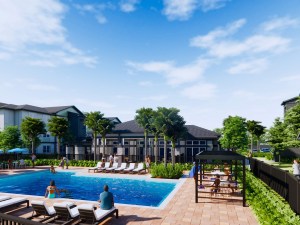 Exterior rendering featuring the amenity package of Normandy Cove, an affordable veteran housing project developed by HTG in Jacksonville, Fla.