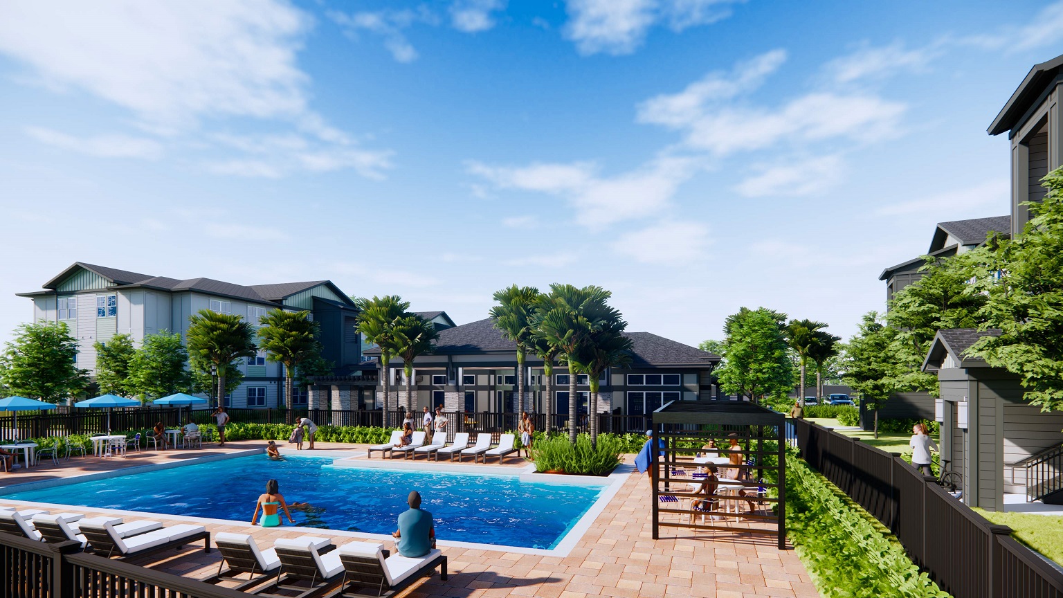 Exterior rendering featuring the amenity package of Normandy Cove, an affordable veteran housing project developed by HTG in Jacksonville, Fla.