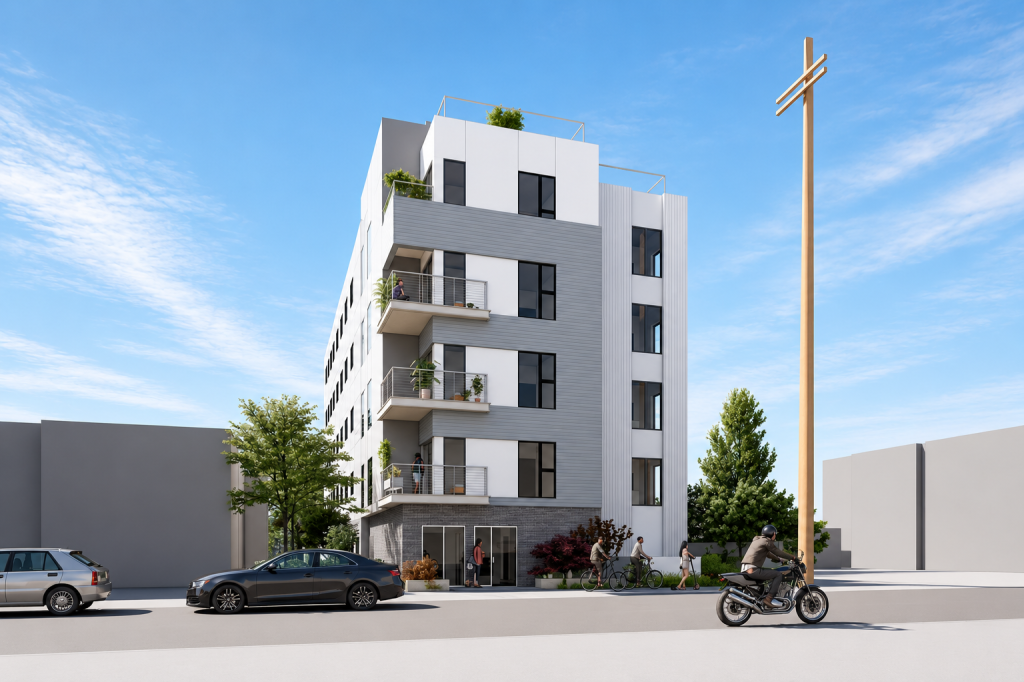 A rendering of 1250 Moorpark St., 51-unit workforce development in Studio City, Calf.