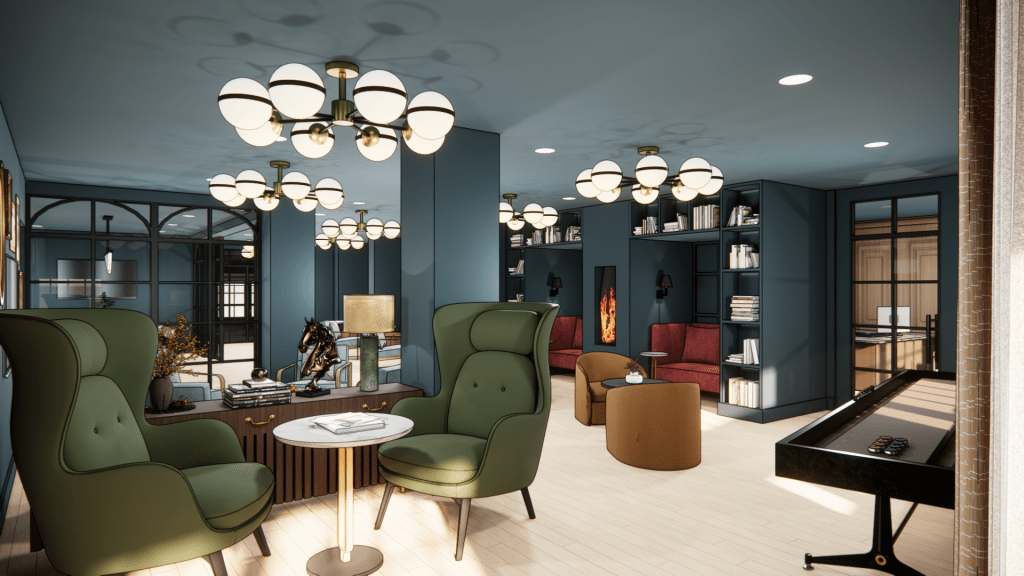 A rendering of a future amenity lounge at 31 Milk Street in Boston. 