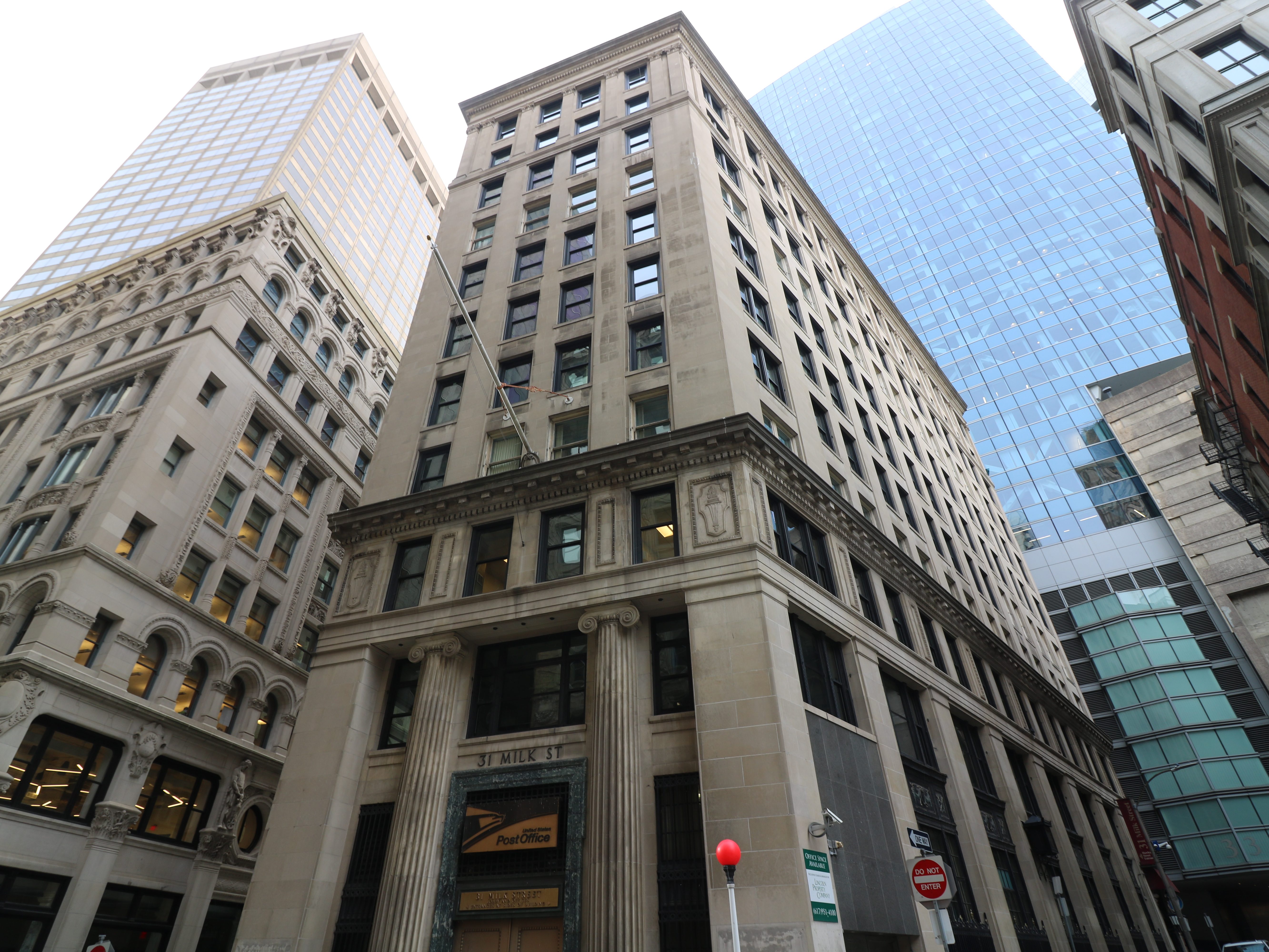Exterior shot of the historic office building at 31 Milk St. in Boston.