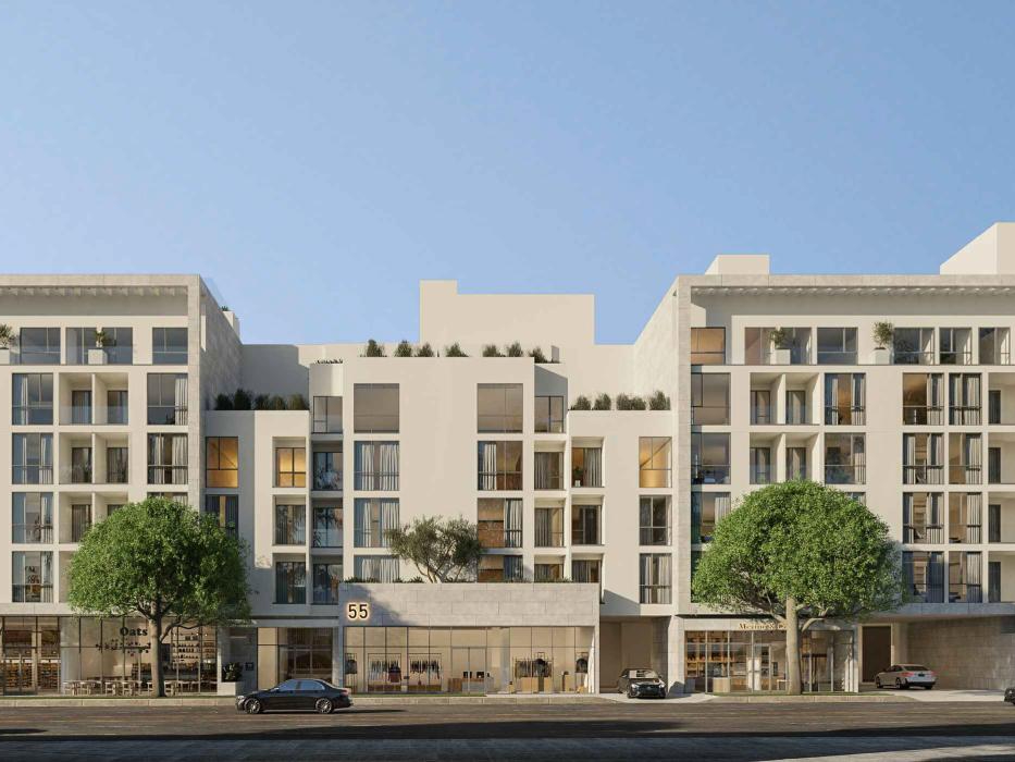 Exterior rendering depicting the redevelopment at 55 N. La Cienega Blvd. in Beverly Hills, Calif.