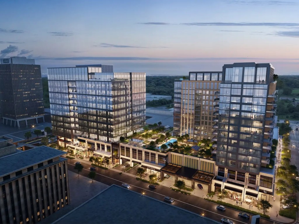 Aerial rendering depicting the completed redevelopment at 8300 Douglas in Dallas.