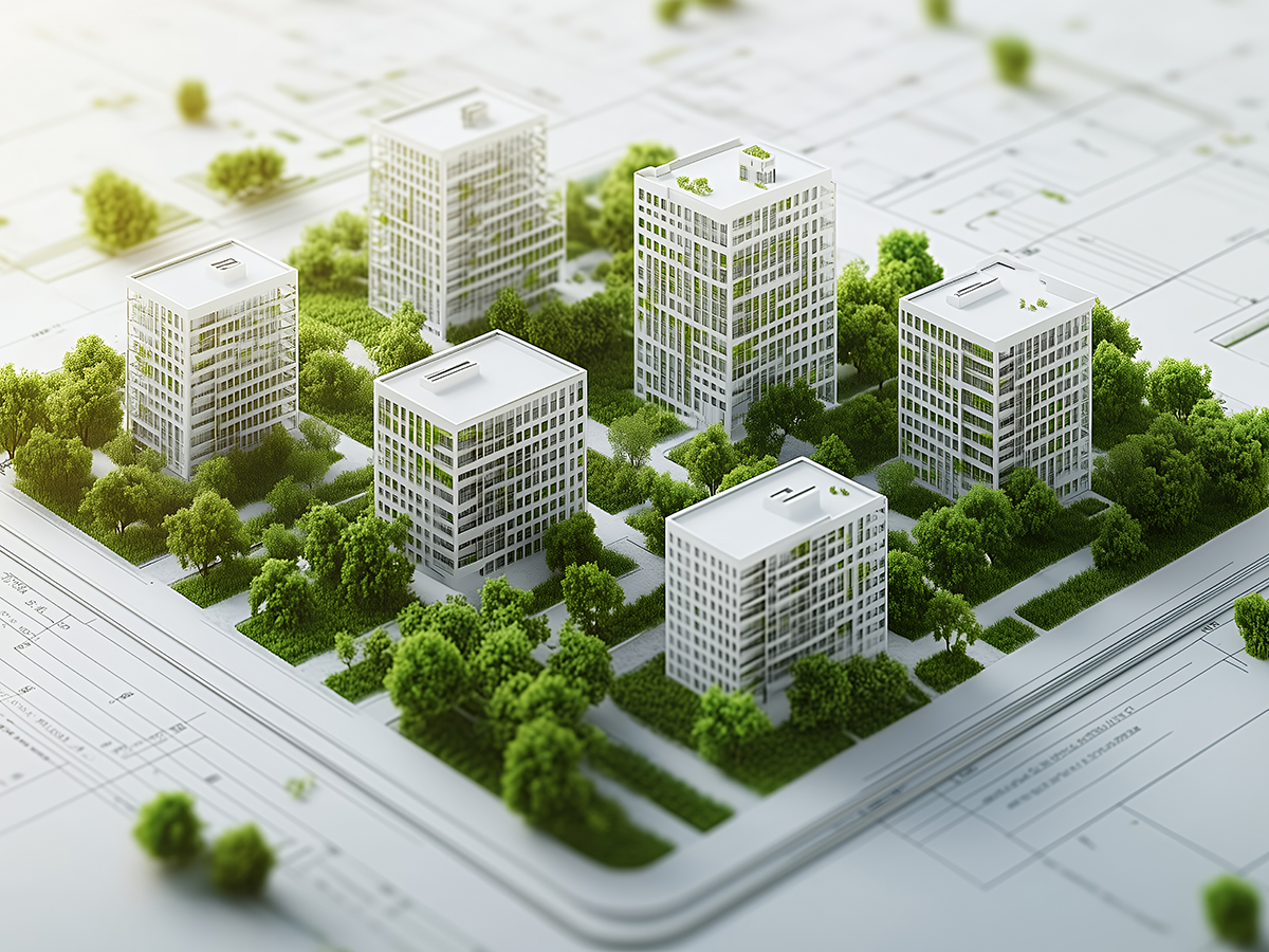 A 3D rendering showcasing an eco-friendly urban development. Miniature white buildings are nestled amongst lush green trees, set against a blueprint backdrop. This image represents sustainable city planning, architectural design, and real estate concepts. The focus is on the harmonious blend of nature and urban development, highlighting a forward-thinking approach to city planning.