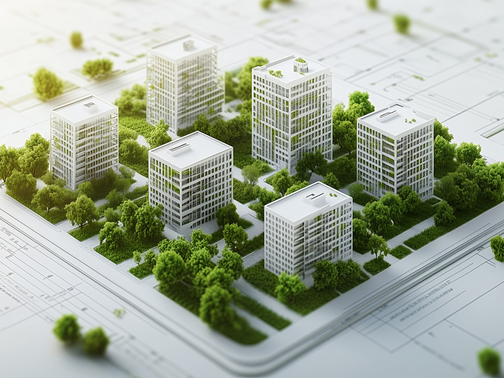 A 3D rendering showcasing an eco-friendly urban development. Miniature white buildings are nestled amongst lush green trees, set against a blueprint backdrop. This image represents sustainable city planning, architectural design, and real estate concepts. The focus is on the harmonious blend of nature and urban development, highlighting a forward-thinking approach to city planning.