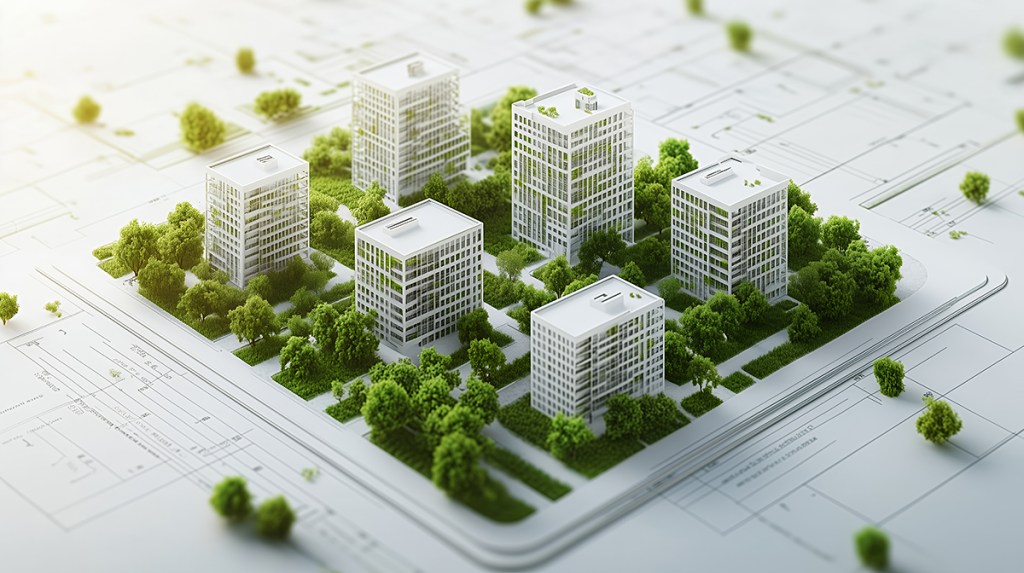 A 3D rendering showcasing an eco-friendly urban development. Miniature white buildings are nestled amongst lush green trees, set against a blueprint backdrop. This image represents sustainable city planning, architectural design, and real estate concepts. The focus is on the harmonious blend of nature and urban development, highlighting a forward-thinking approach to city planning.