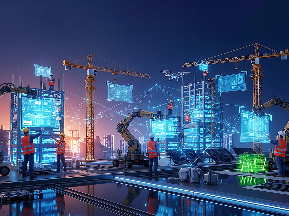 A futuristic construction site with workers in vests, cranes, robotic arms, and digital blueprints. Solar panels and a drone are also visible against a dusk sky.