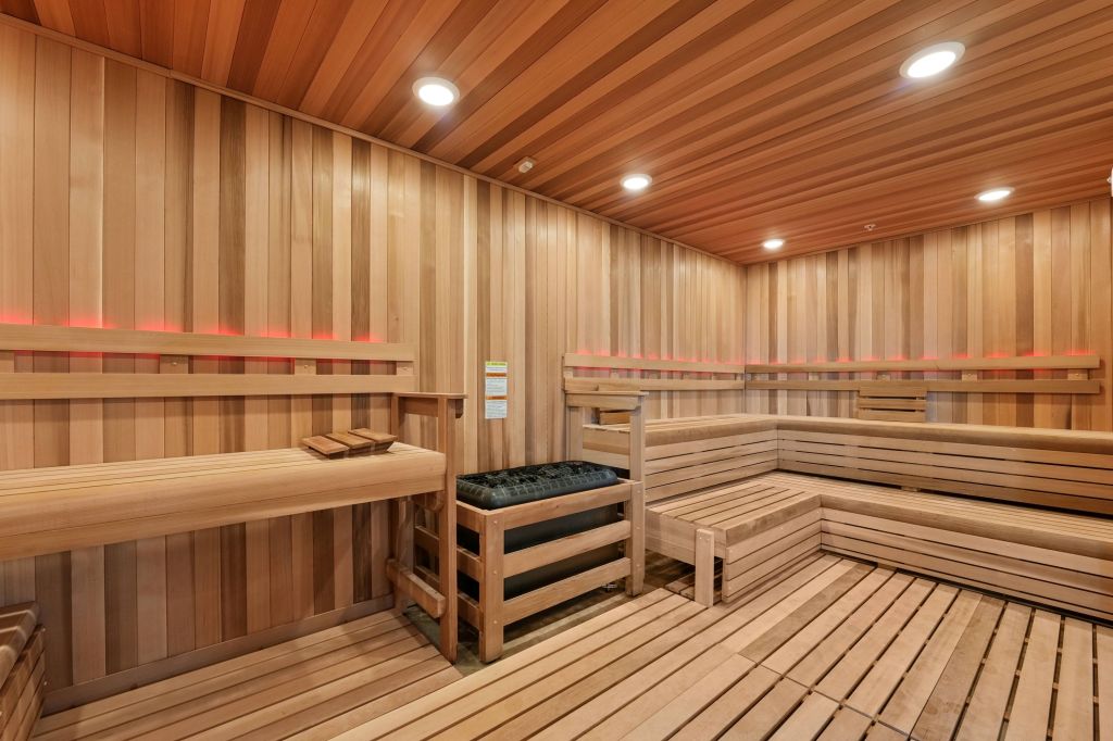 Wood-lined sauna interior at Bond on Mint.