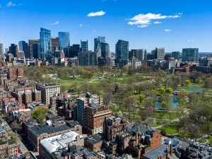 Aerial view of the Boston Commons park in Boston, Massachusetts.