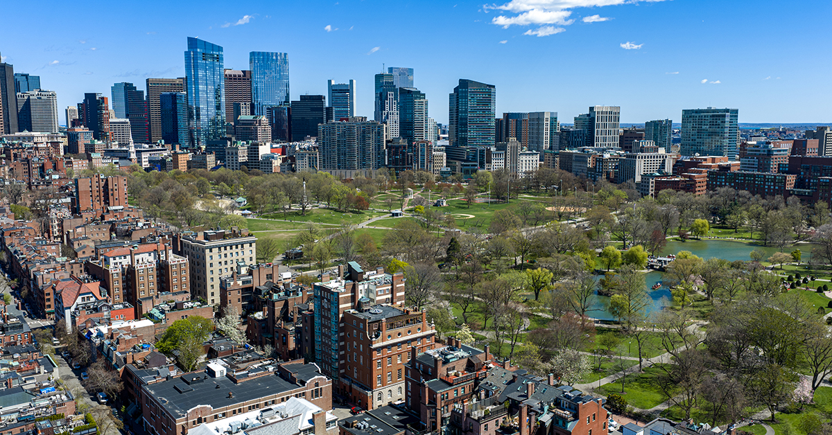 Aerial view of the Boston Commons park in Boston, Massachusetts.