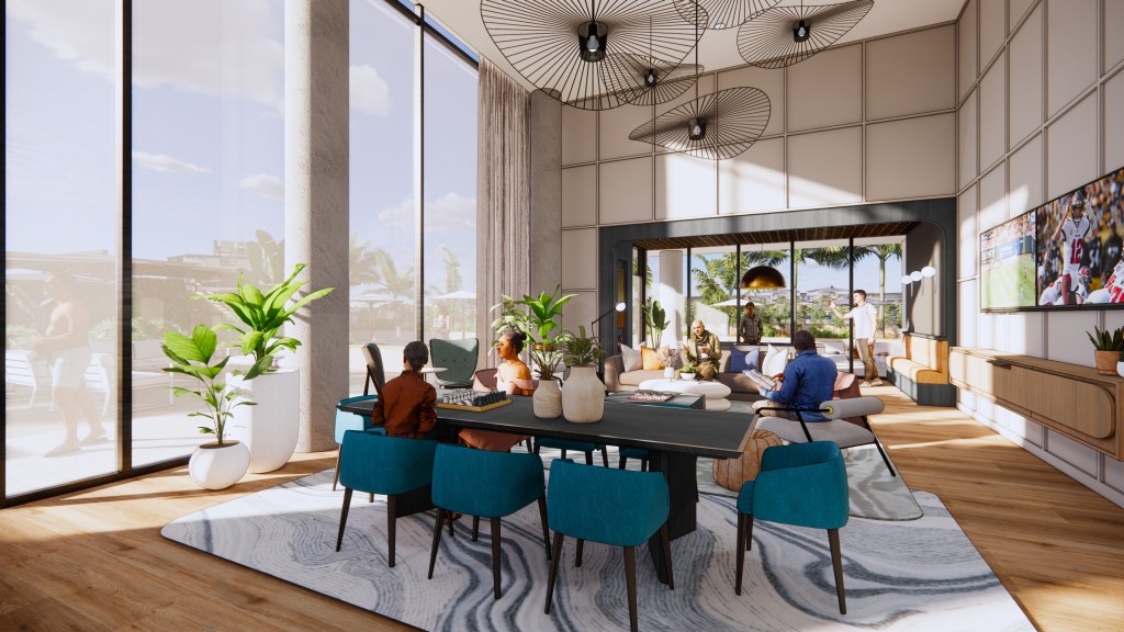 Interior rendering of the coworking area at 275 Fifth St.