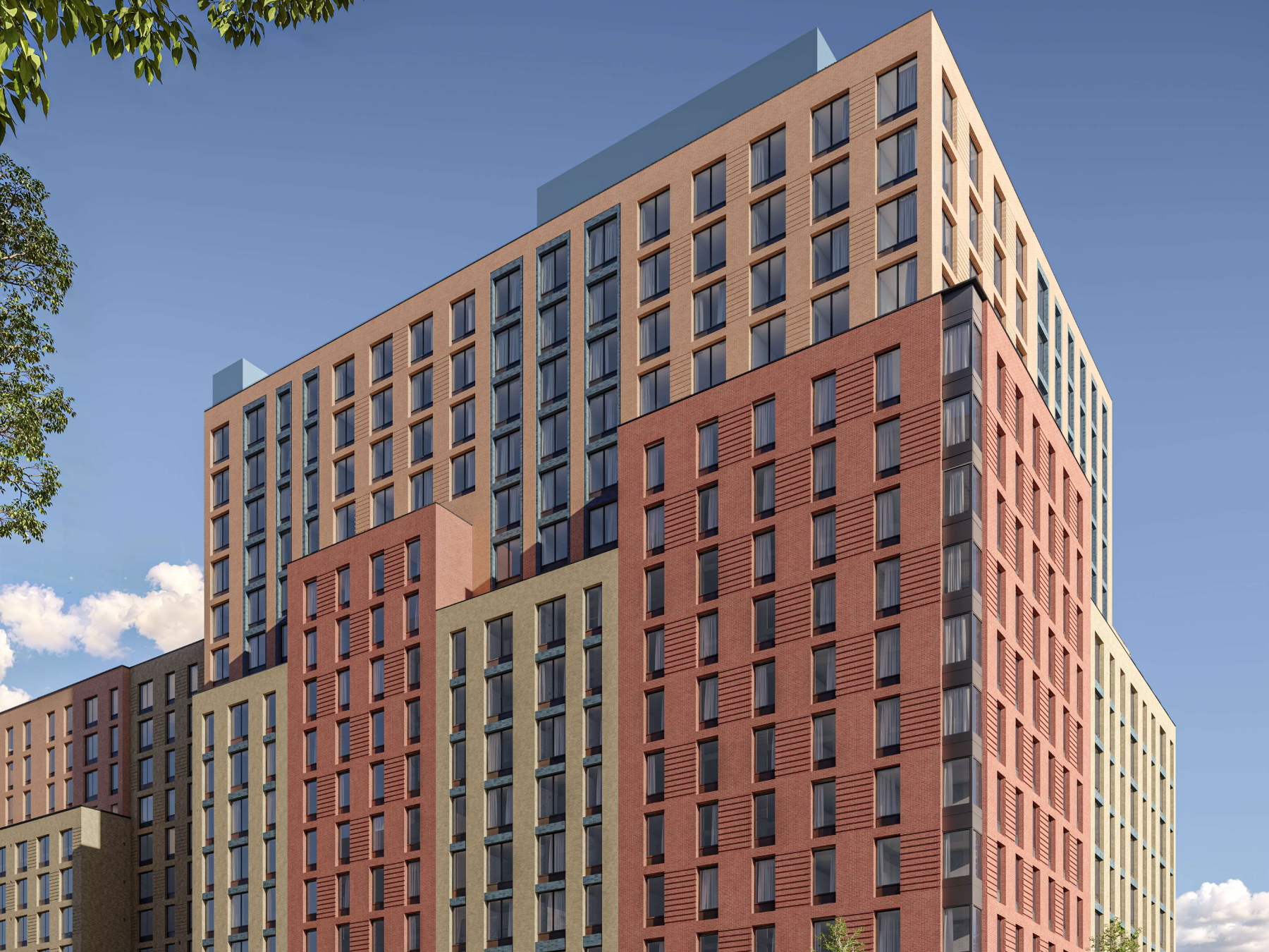 Exterior rendering of Edgemere Commons B2, an affordable housing project inside a Queens, N.Y., affordable housing redevelopment.