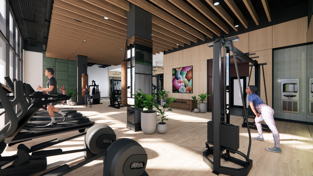 Interior rendering of the fitness center at 275 Fifth St.