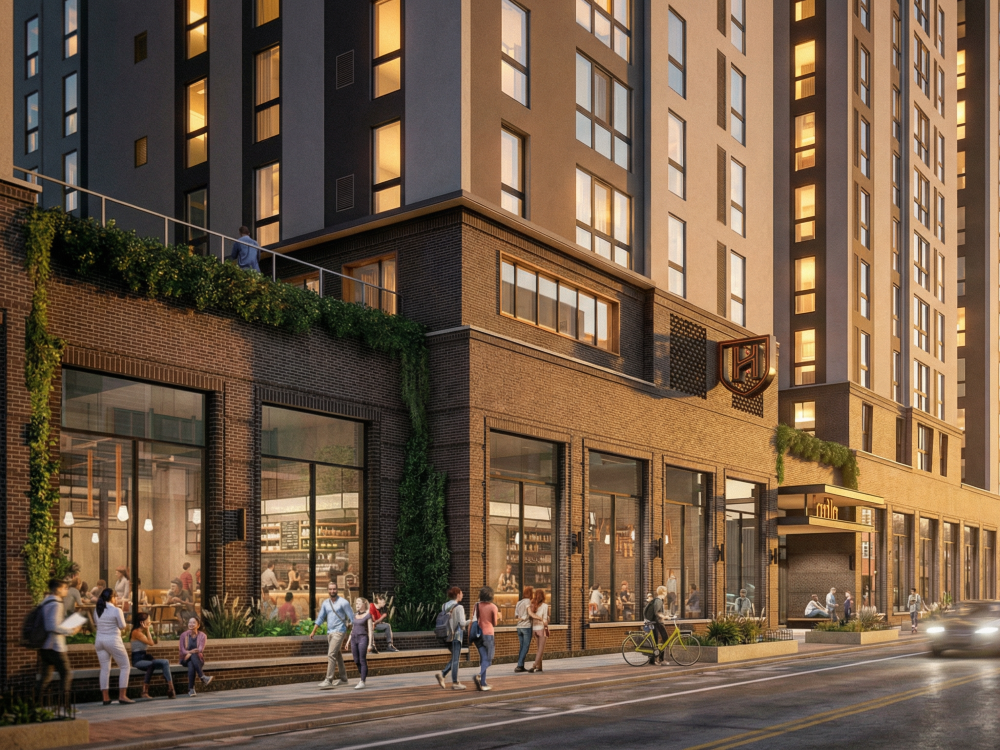 Exterior rendering of Hub Champaign Green Street, a student housing project in Champaign, Ill.