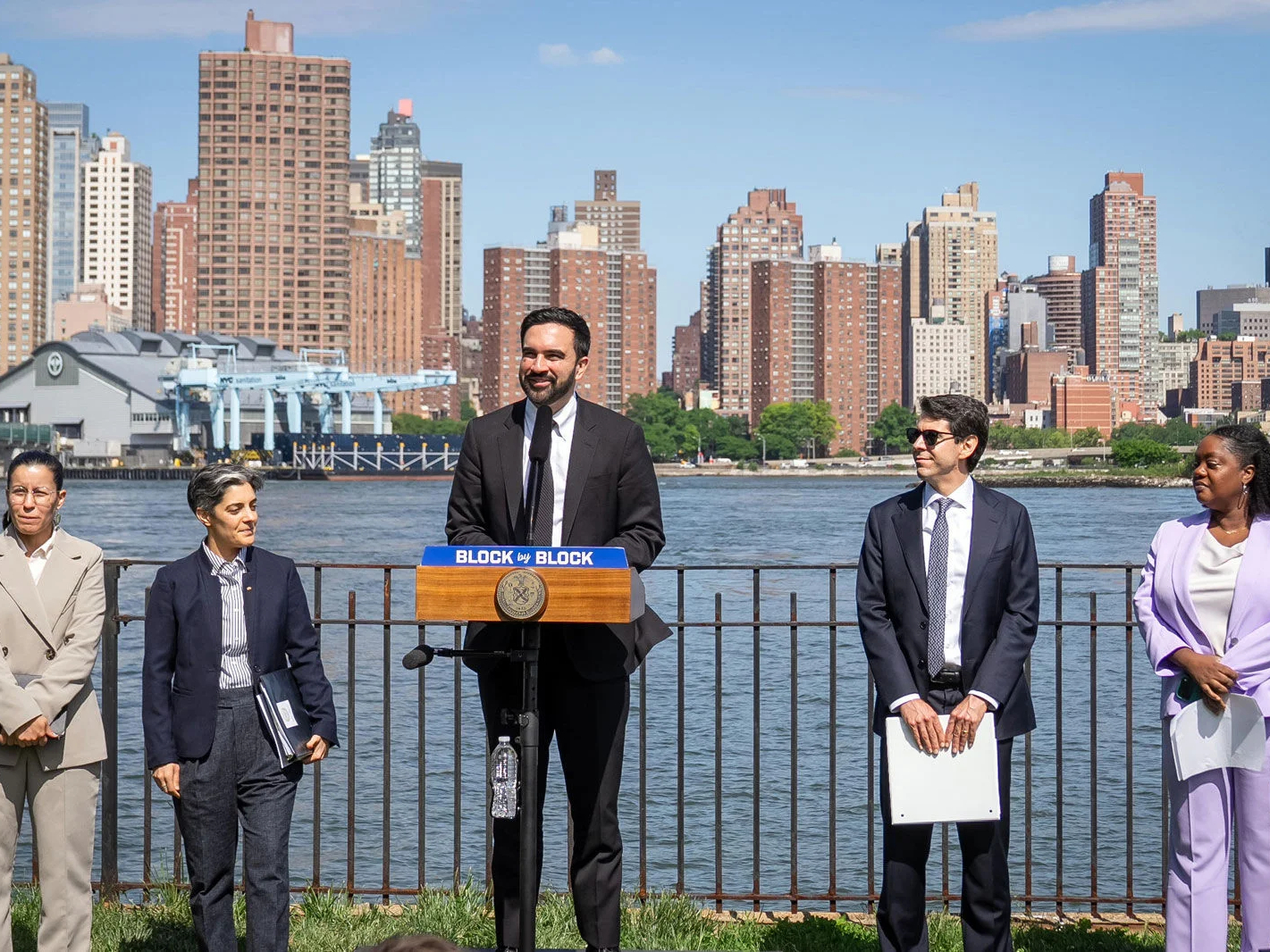 Photo of New York City Mayor Mamdani at a press conference revealing the Block by Block housing program in May 2026.