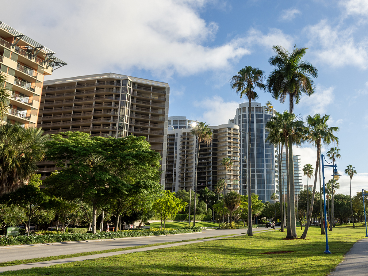 Scenic walking path through a lush tropical park surrounded by palm trees and modern skyscrapers in Coconut Grove, Miami. A peaceful urban retreat combining tropical greenery with city living.