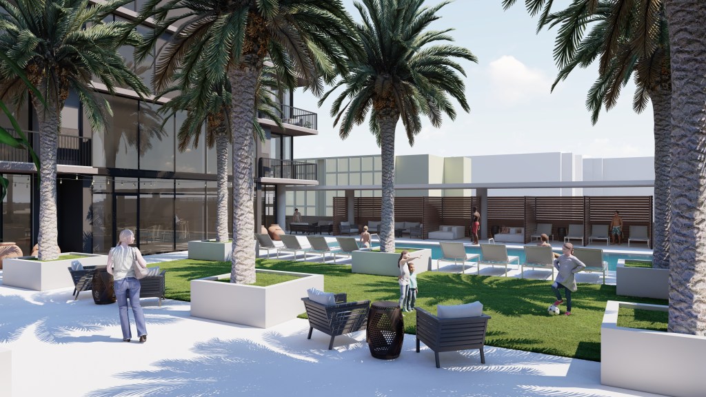 Exterior rendering of the pool area at 275 Fifth St.
