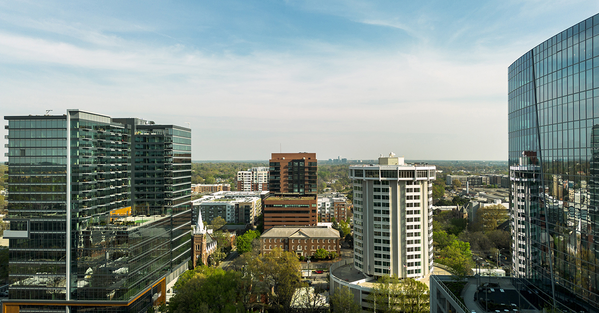Modern office buildings and apartments in downtown Raleigh North Carolina