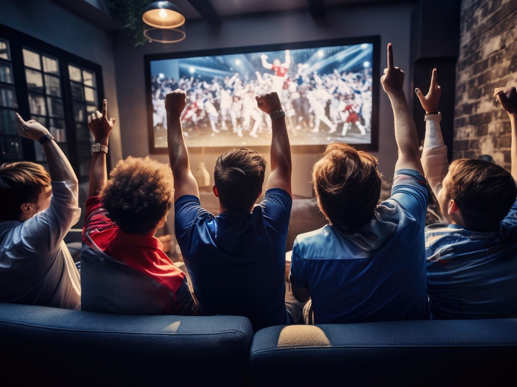 Image of people watching and celebrating a football game on TV.
