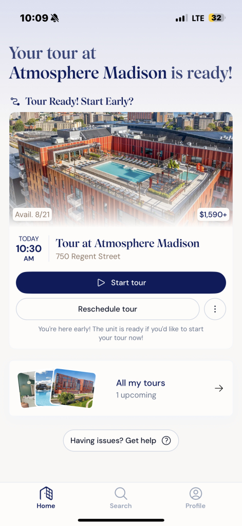 Aigentless mobile interface showing an apartment tour route and property information