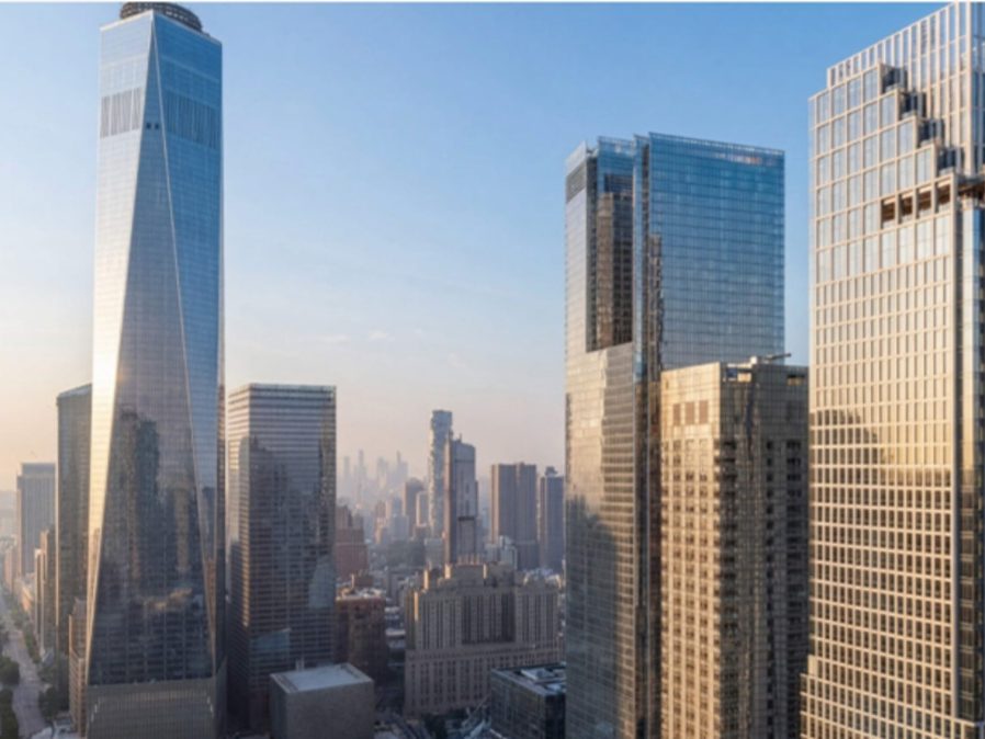 Aerial shot of several high-rise buildings in Manhattan's Financial District.