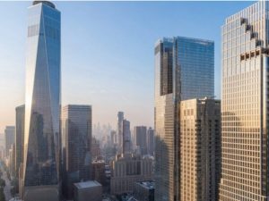 Aerial shot of several high-rise buildings in Manhattan's Financial District.
