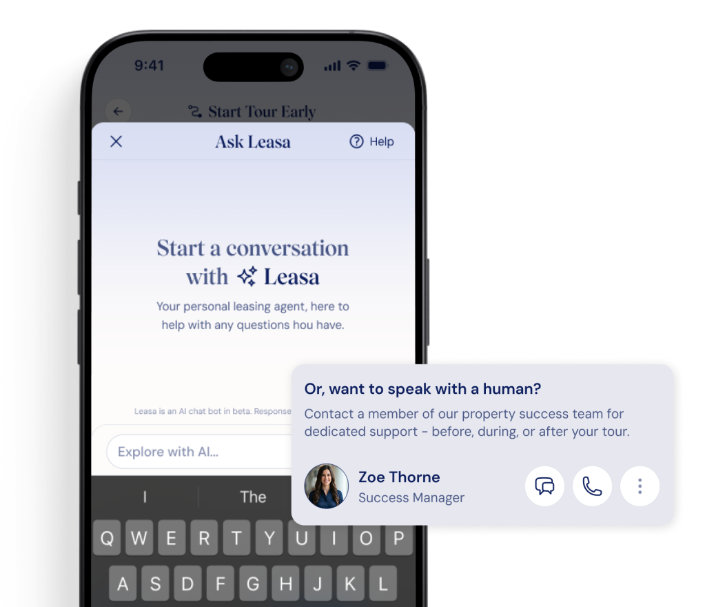 Smartphone displaying Aigentless leasing platform’s AI-assisted tour screen