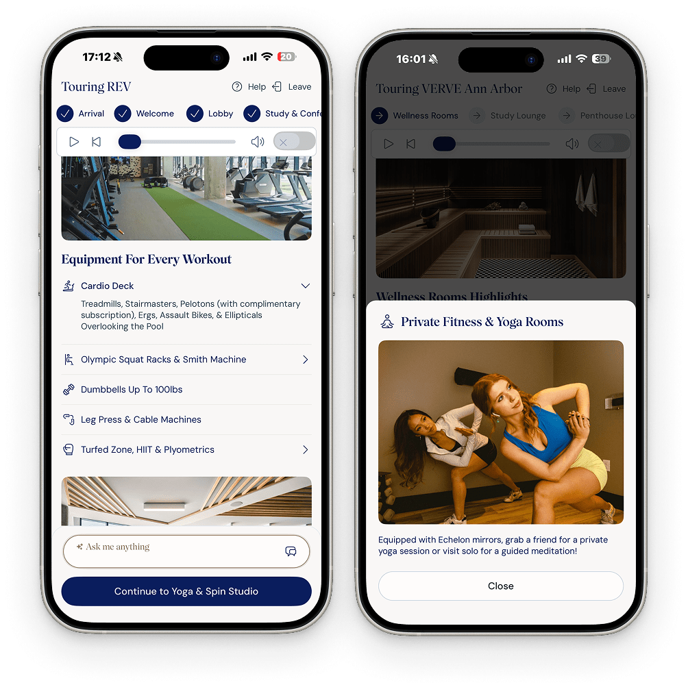 Smartphone displaying the Aigentless mobile interface with property amenities.