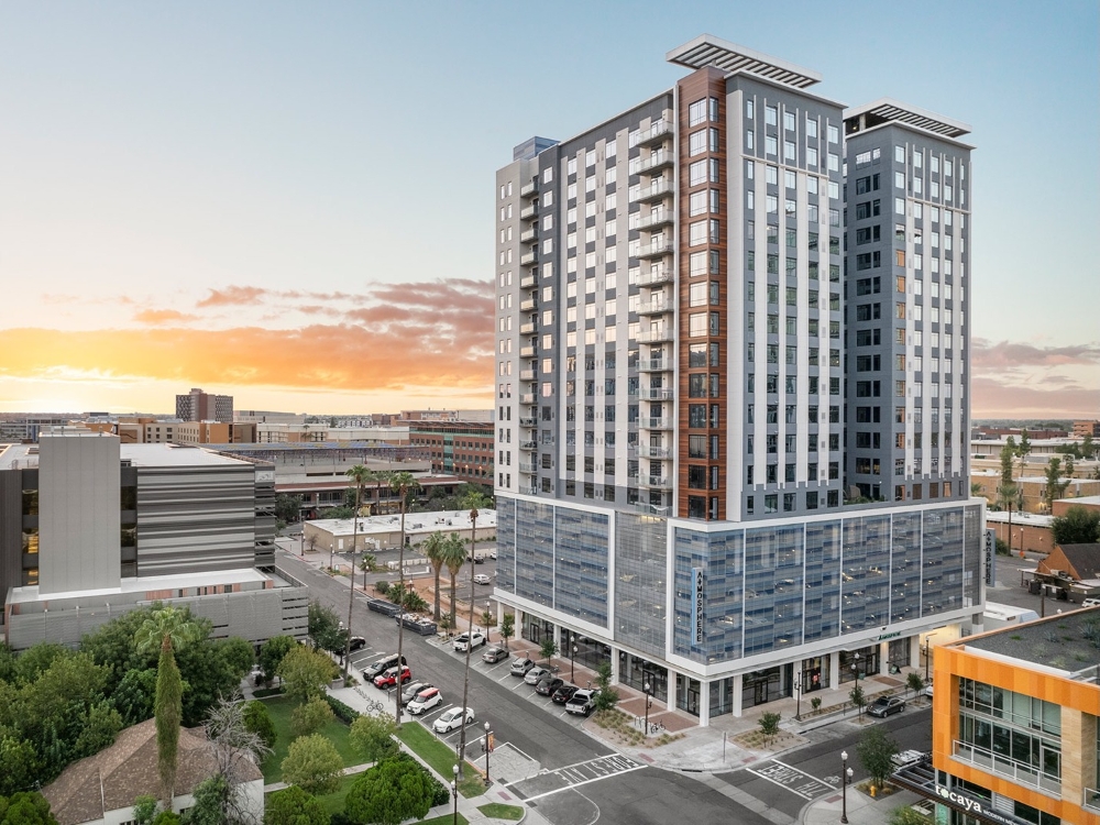 Exterior shot of Atmosphere Tempe, a student housing community in Tempe, Ariz.