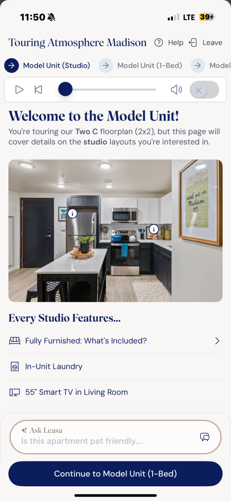 Aigentless mobile interface showing an apartment tour route and property information
