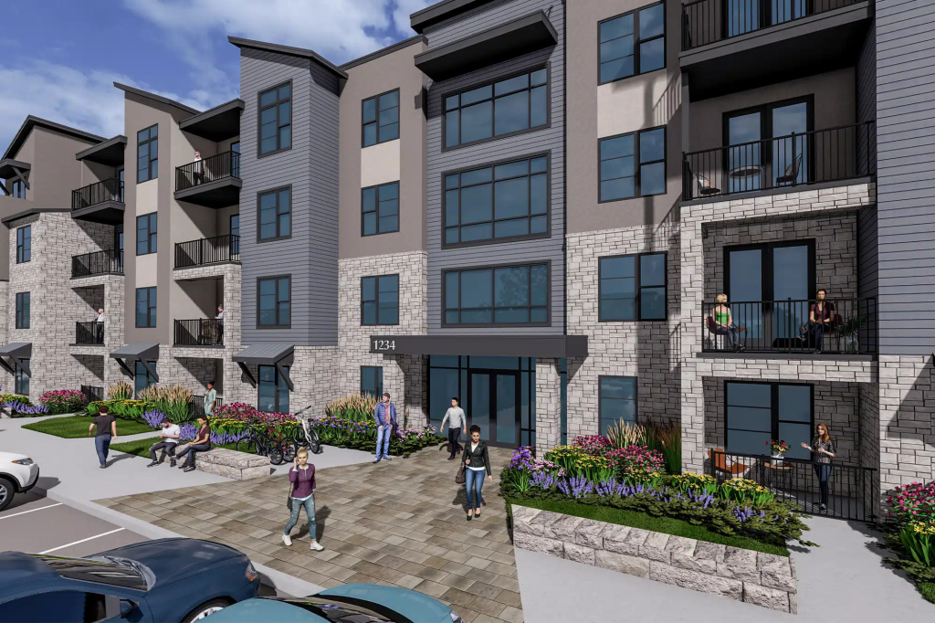A rendering of Collins at Union Park, a 457-unit luxury multifamily community in Fort Collins, Colo., being developed by Livmark Communities.