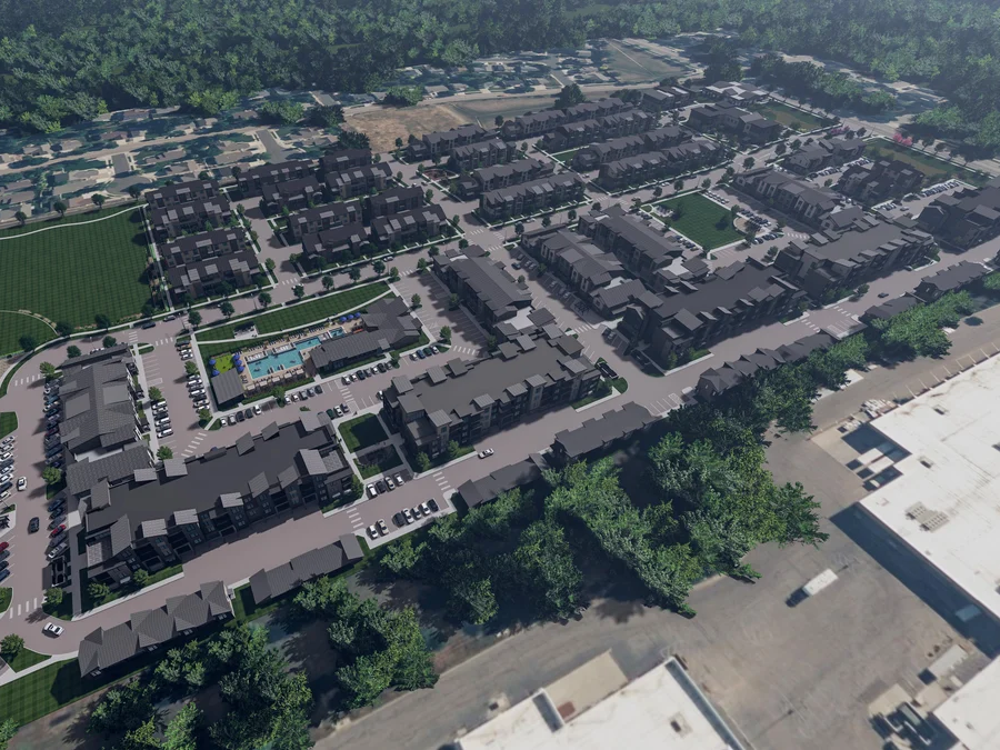 An aerial rendering of Collins at Union Park, a 457-unit luxury multifamily community in Fort Collins, Colo., being developed by Livmark Communities.