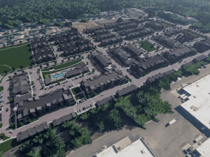 An aerial rendering of Collins at Union Park, a 457-unit luxury multifamily community in Fort Collins, Colo., being developed by Livmark Communities.