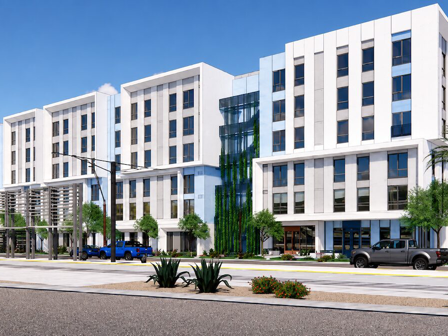 Exterior rendering depicting The Residences at Dorsey Station, an affordable project in Tempe, Ariz.