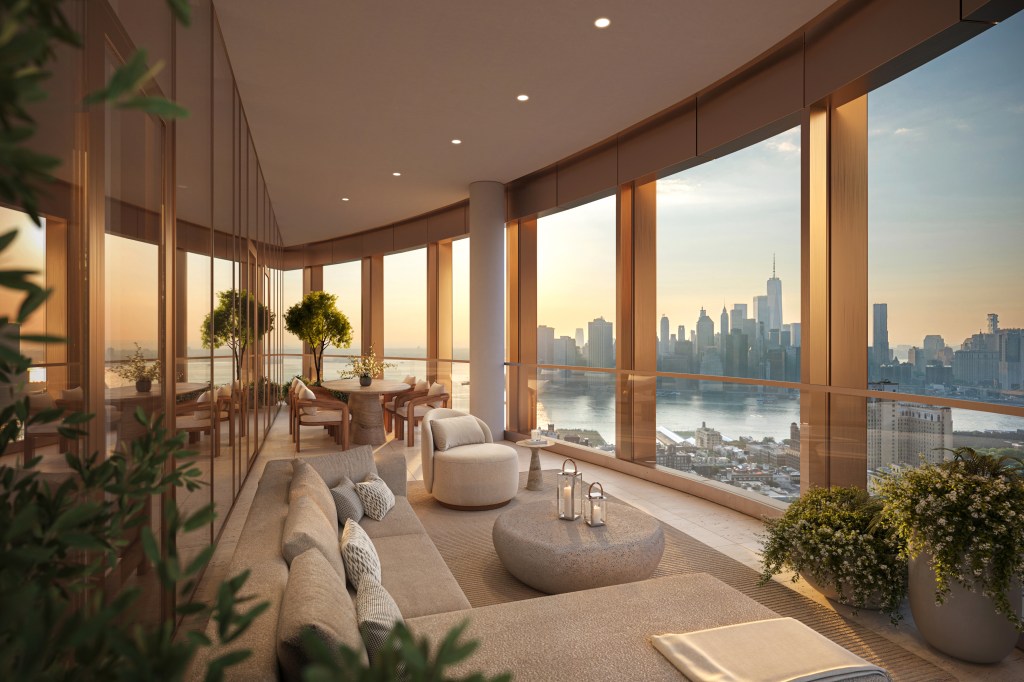 Interior rendering of an apartment and its vista at One Montague Place in Brooklyn Heights.