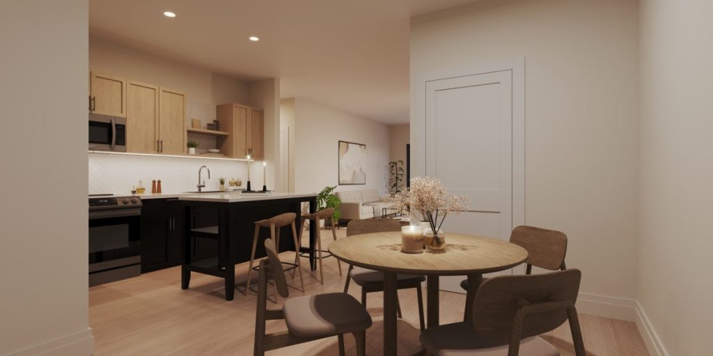 Rendering of kitchen at Modera Garden State Plaza