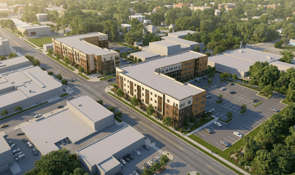 A rendering of Linwood and Troost, a 194-unit development planned by Milhaus in Kansas City, Mo. that's expected to break ground this year. The Low Income Housing Tax Credit development is one of eight projects being built this year by Milhaus, which has merged with SRG Residential.