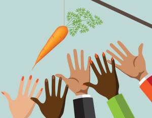 Illustration of a carrot and a stick with outreaching hands