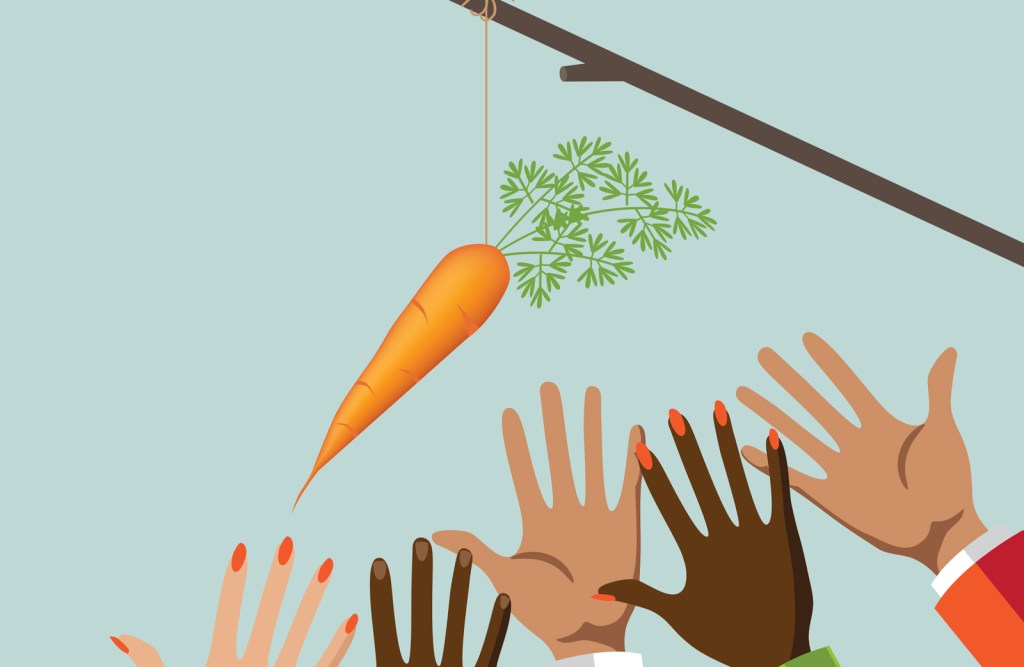 Illustration of a carrot and a stick with outreaching hands