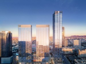 Exterior shot depicting the three towers of Oceanwide Plaza in Los Angeles.