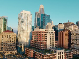 San Francisco is showcased in this stunning aerial view of its dense urban skyline. Modern skyscrapers, diverse architecture, and rooftop gardens are bathed in warm golden hour sunlight against a clear blue sky.
