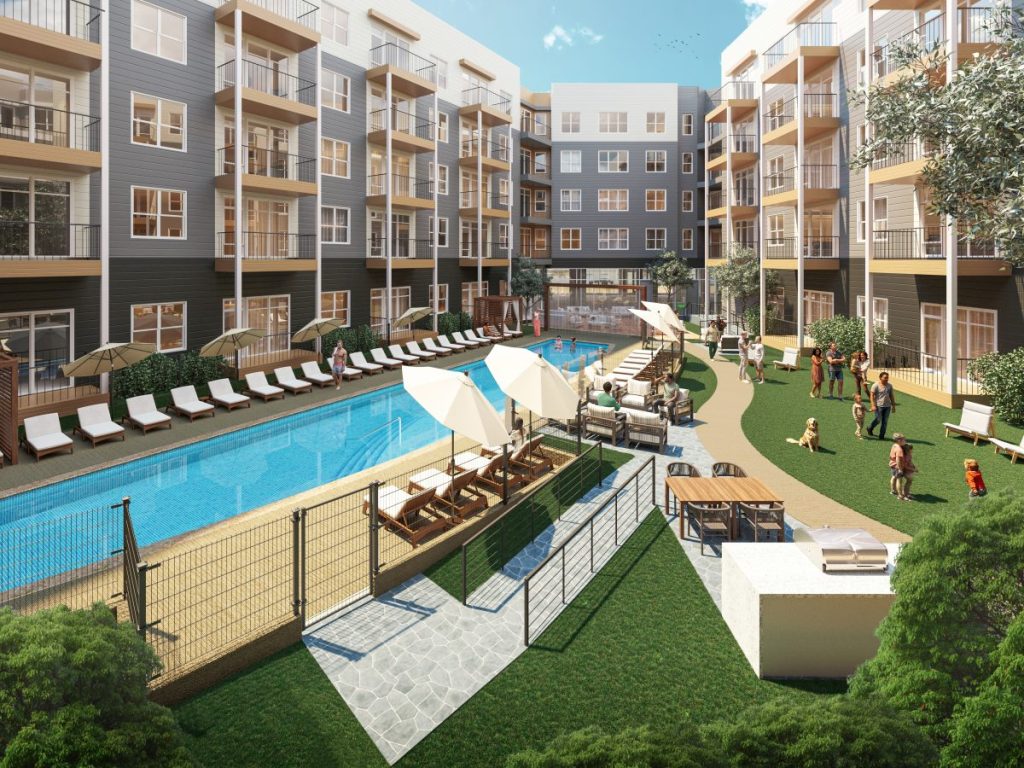 Rendering of the outdoor swimming pool at Modera Garden State Plaza