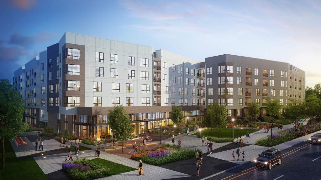 A rendering of The Rae, a 343-unit apartment community at 10401 Motor City Drive in Bethesda, Md