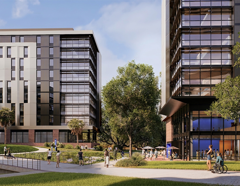 Rendering of cafe at new student housing community at University of Florida