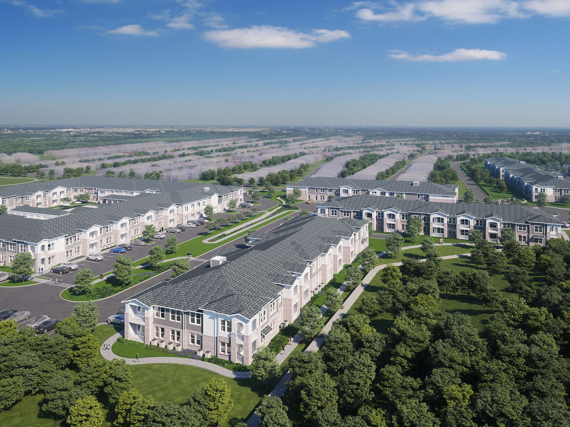 Aerial rendering of Tabor Village, an affordable senior housing project in Dallas.